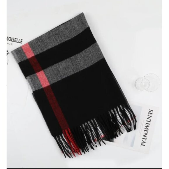 2/$30 New Cashmere Blend Plaid Black Red White Shawl Wrap With Fringe - Picture 4 of 11